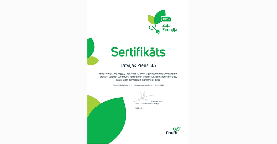 SIA Latvijas Piens uses only renewable energy resources